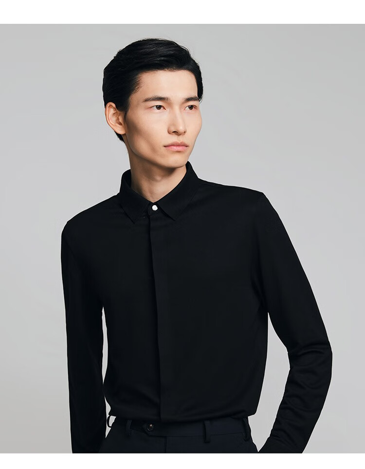 jodoll乔顿多色商务长袖衬衫男休闲百搭黑色暗门襟青年衬衣潮 黑色 48