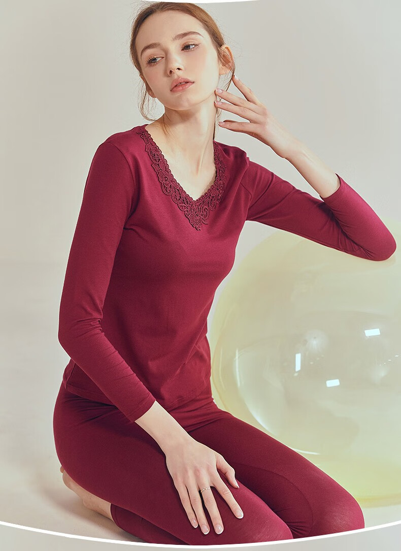 意芬保暖内衣女薄款莫代尔性感秋衣秋裤女士本命年鼠年大红色结婚套装