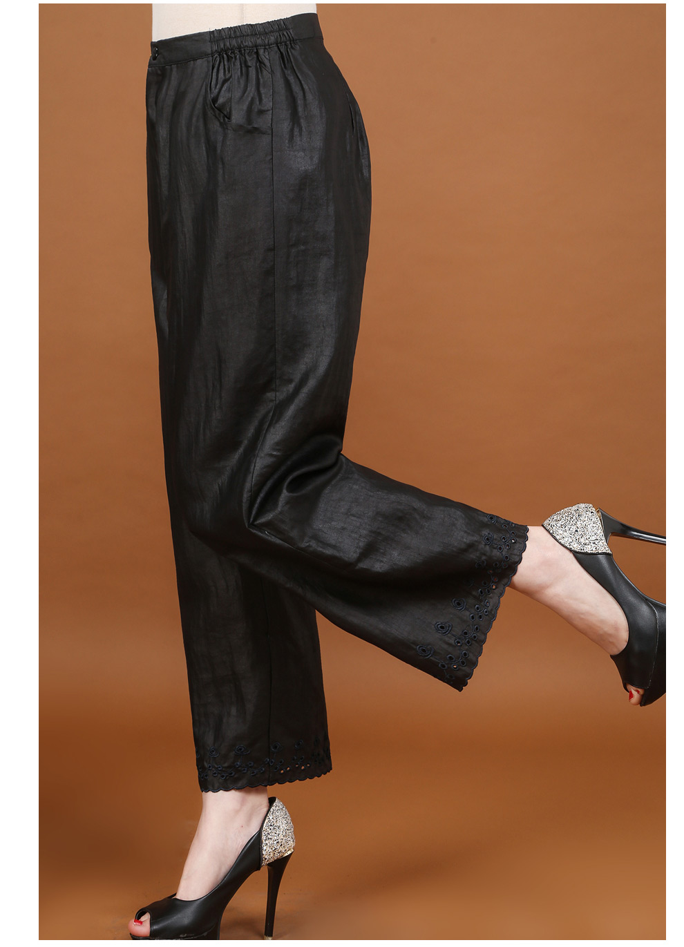 拾福真丝女裤夏薄款直筒宽松休闲裤香云纱黑色裤子女蓝色绣花l码体重