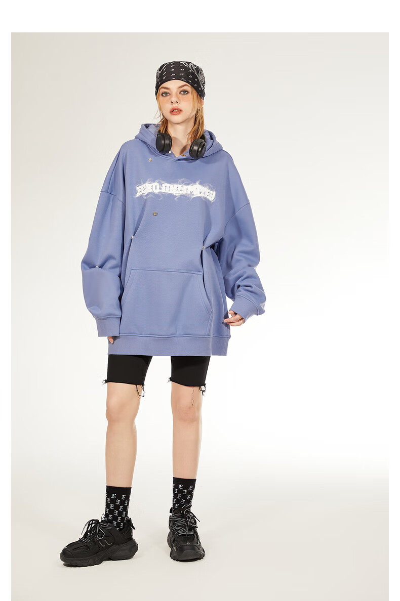 ecko犀牛潮牌2022冬季新款复古金属按扣字母烟雾印花加绒连帽卫衣男女