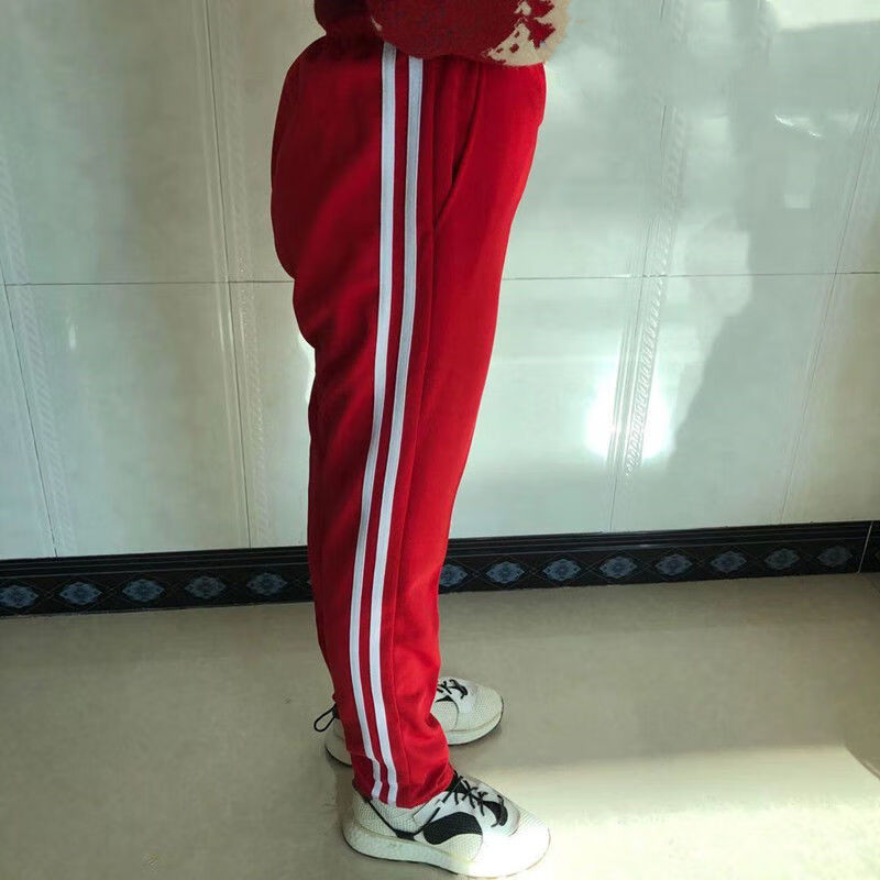 两道杠红色中学小学生校服裤子春秋款红色校裤高中小学宽松运动直筒