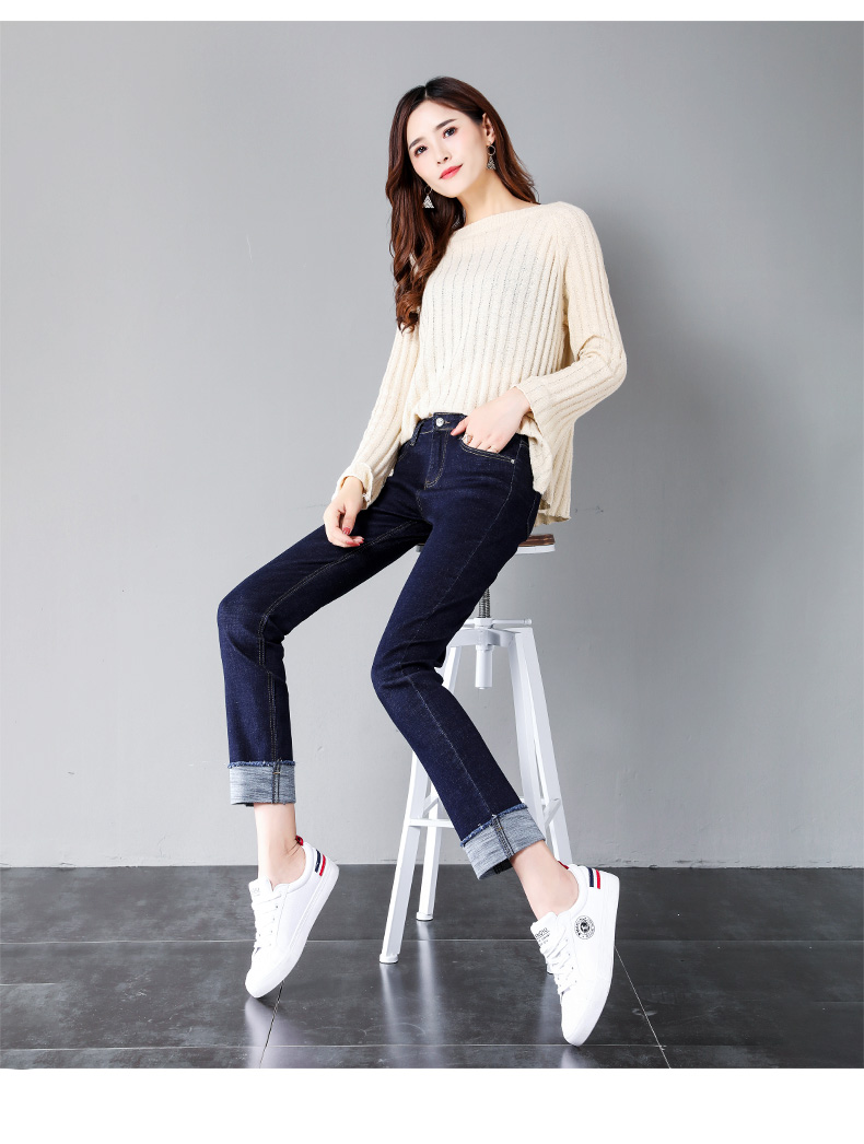 红蜻蜓女装同款春季牛仔裤女九分直筒翻边修身显瘦2020年新款弹力韩版