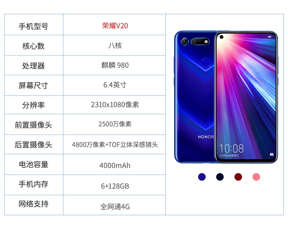 华为(huawei)荣耀v20 游戏手机 麒麟980芯片 魅眼全视屏 4800万深感