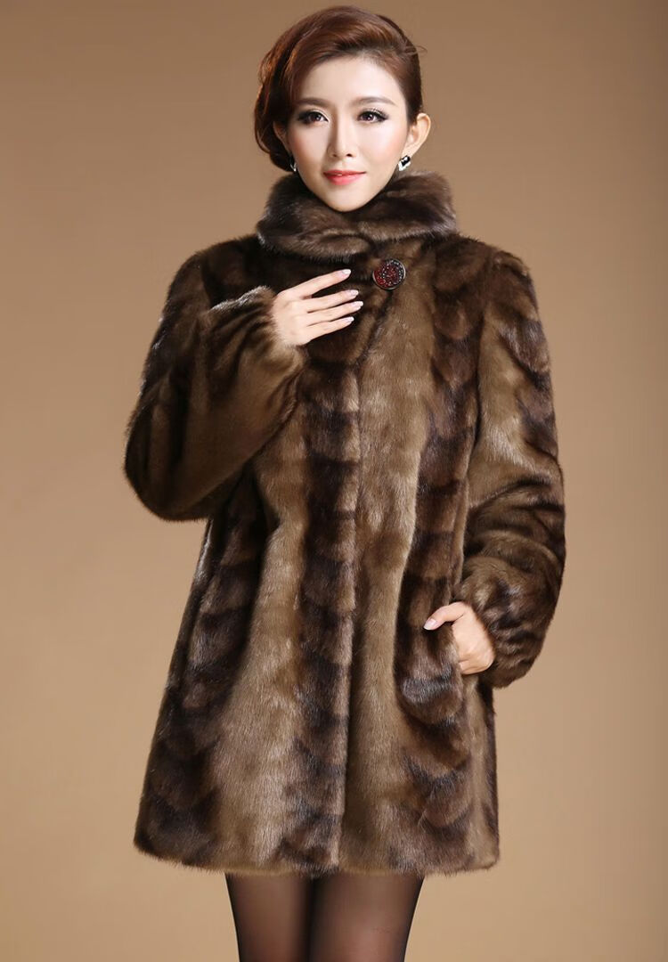 海宁皮草特貂皮大衣妈妈装气质名媛白色立领保暖水貂毛外套 豹纹咖色 