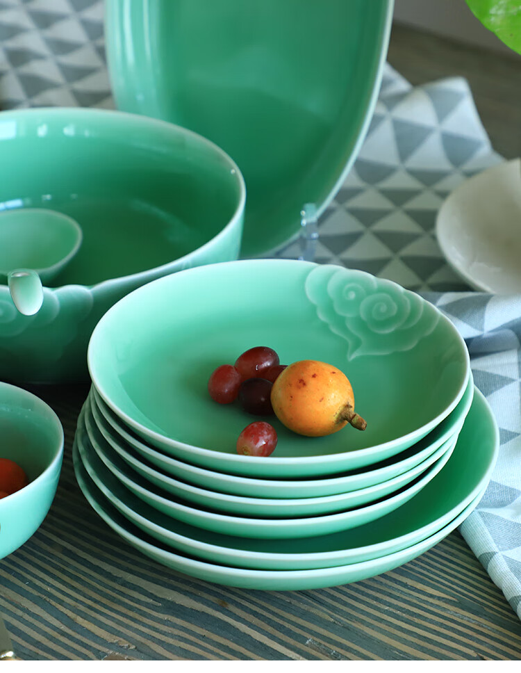 青瓷祥云餐具碗盘碟子菜盘子散装日式家用碗大汤碗深盘筷子架 醋碟