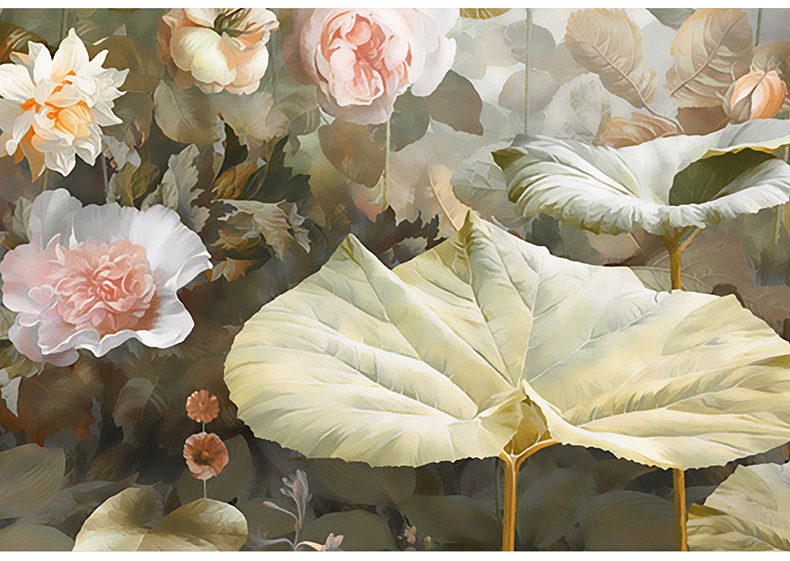 画壁仙境 北欧手绘油画唯美玫瑰花卉大花壁纸客厅影视墙定制壁画