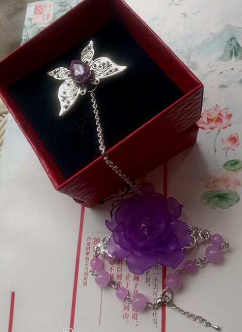 古装戒指手链一体链cos蝴蝶花朵古风古代指环仙女网红同款-hp8 紫罗兰