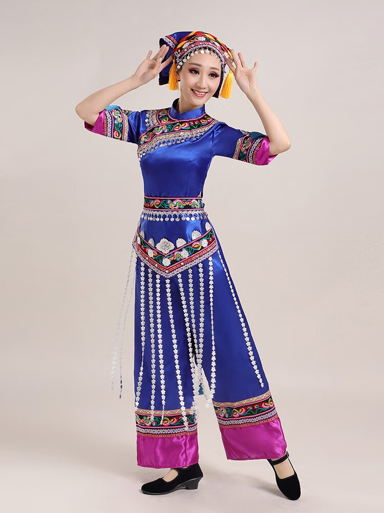 羌族女士表演服2022少数民族舞蹈服装刺绣舞台合唱歌舞演出服 蓝色