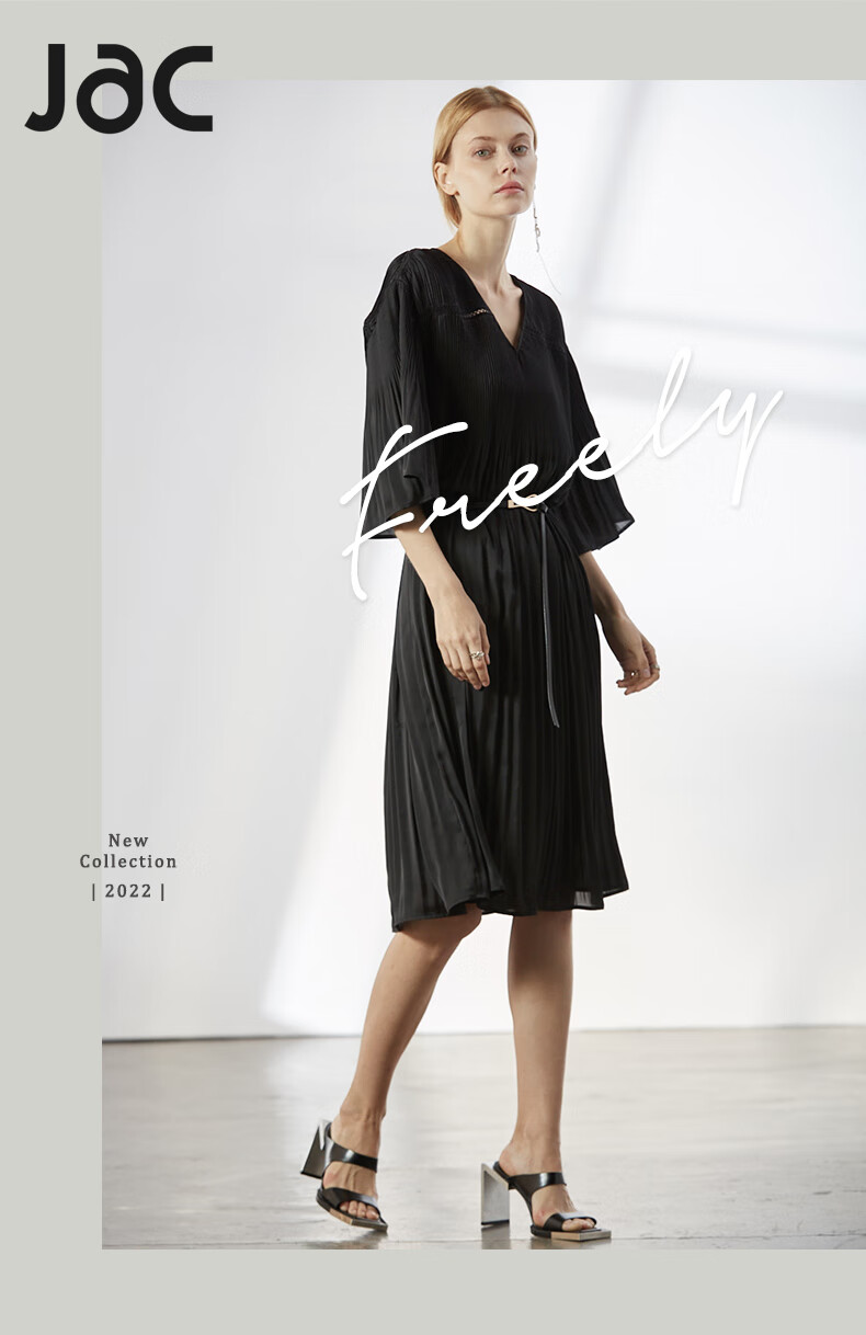 jac女装系带连衣裙2022夏新款七分袖黑色v领裙子黑色2s