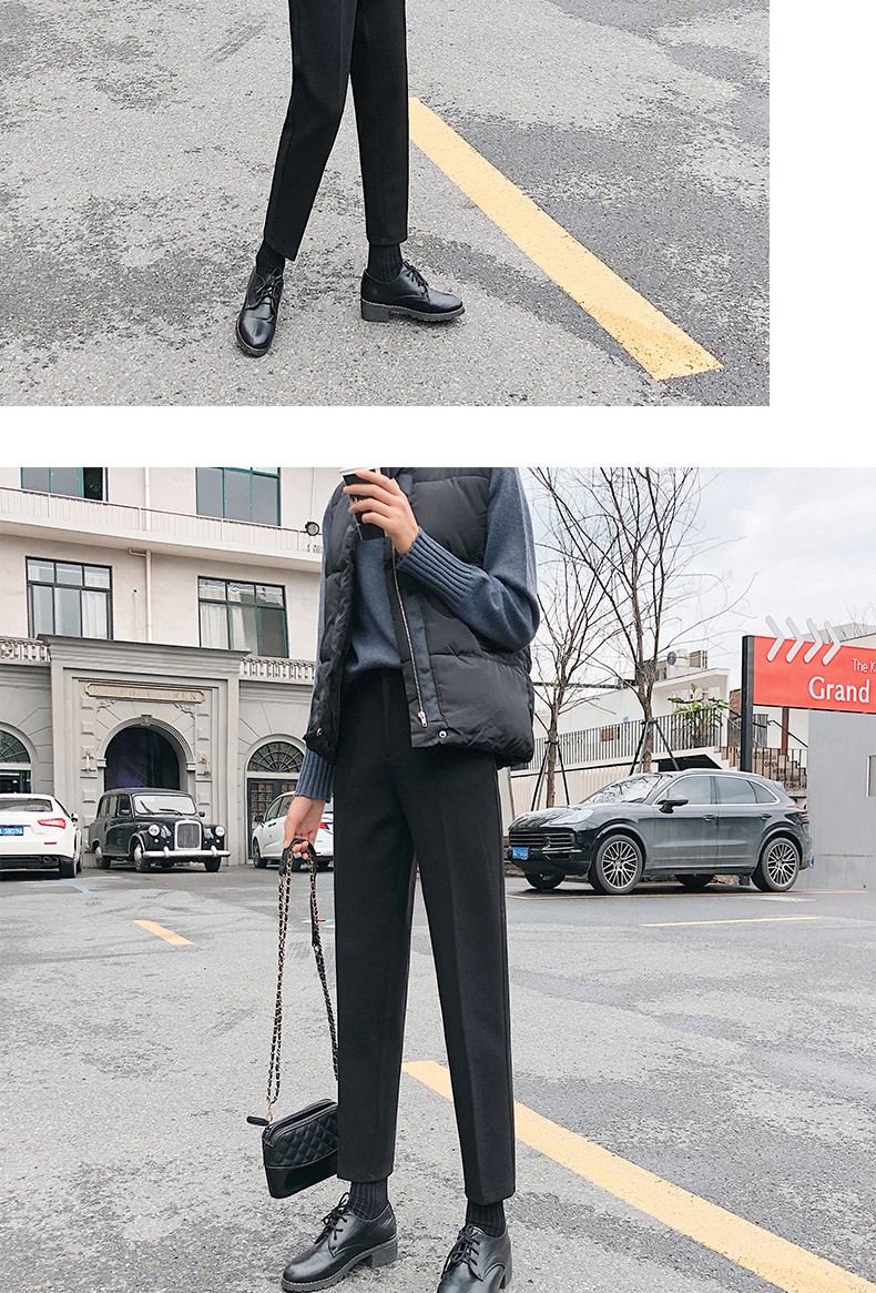 Langsha Women's Woolen Autumn Winter Straight-leg Harem Cropped Carrot Pants Loose Casual Trousers 18