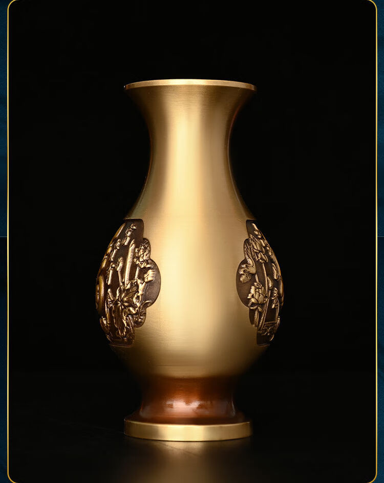 纯铜花瓶摆件家居供奉用浮雕花瓶一对全铜干花插瓶装饰品乔迁礼品