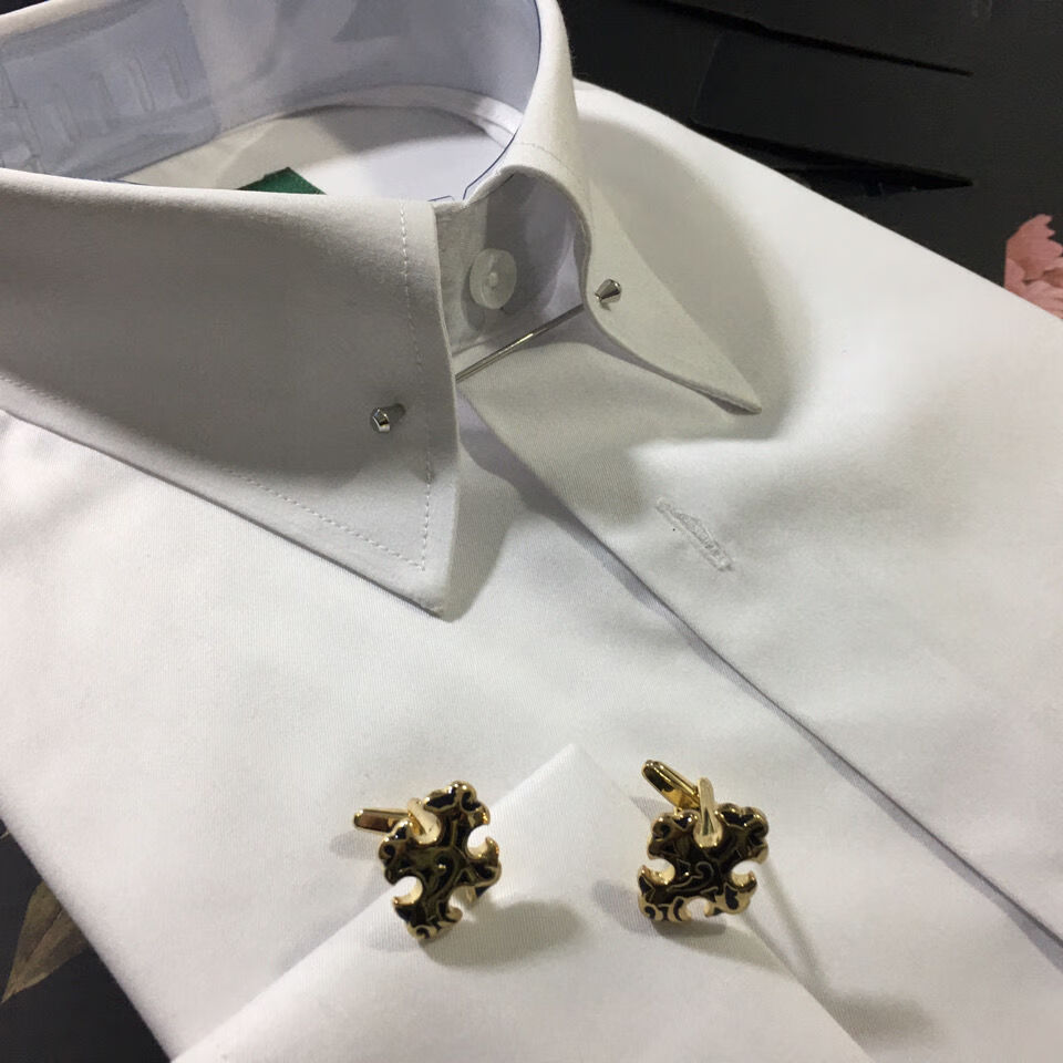 【抖音同款】衬衫老罗尖领领针帝国领法式袖扣男长袖衬衫白衬衫修身