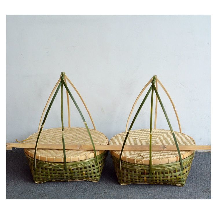 奥尔瑞美 优选好物竹编收纳筐带盖子结婚喜庆竹筐竹匾挑担筐手编竹