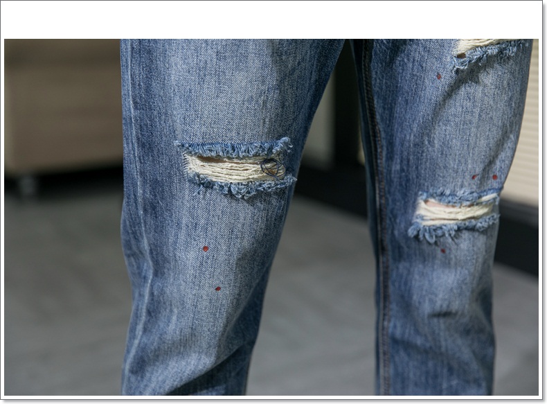 同款春款破洞裤子泼墨牛仔裤男宽松韩版纯棉百搭九分裤男潮流刮烂男裤