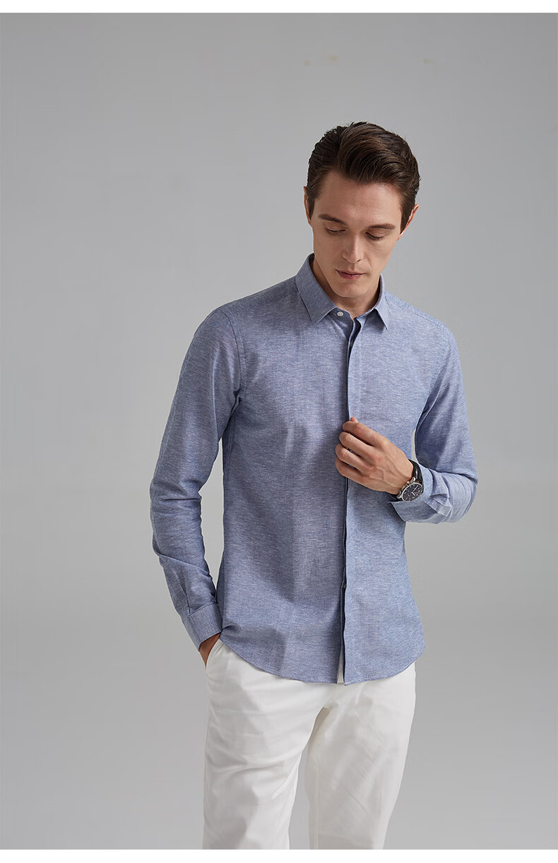 培罗蒙baromon长袖衬衫男秋装男士长袖衬衣蓝灰色修身棉麻商务衬衫