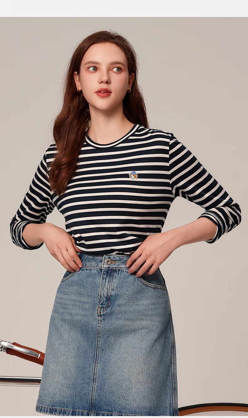 HAZZYS Women's Striped Long-Sleeve T-Shirt ABTSE0BCX01, Navy Blue NV, 165/88A40 9