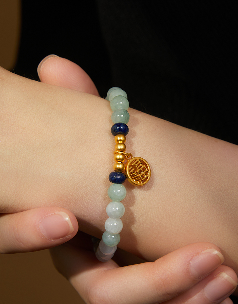 月斐珠宝 黄金福乐手链女 翡翠转运珠999足金小福牌挂坠小金珠手串