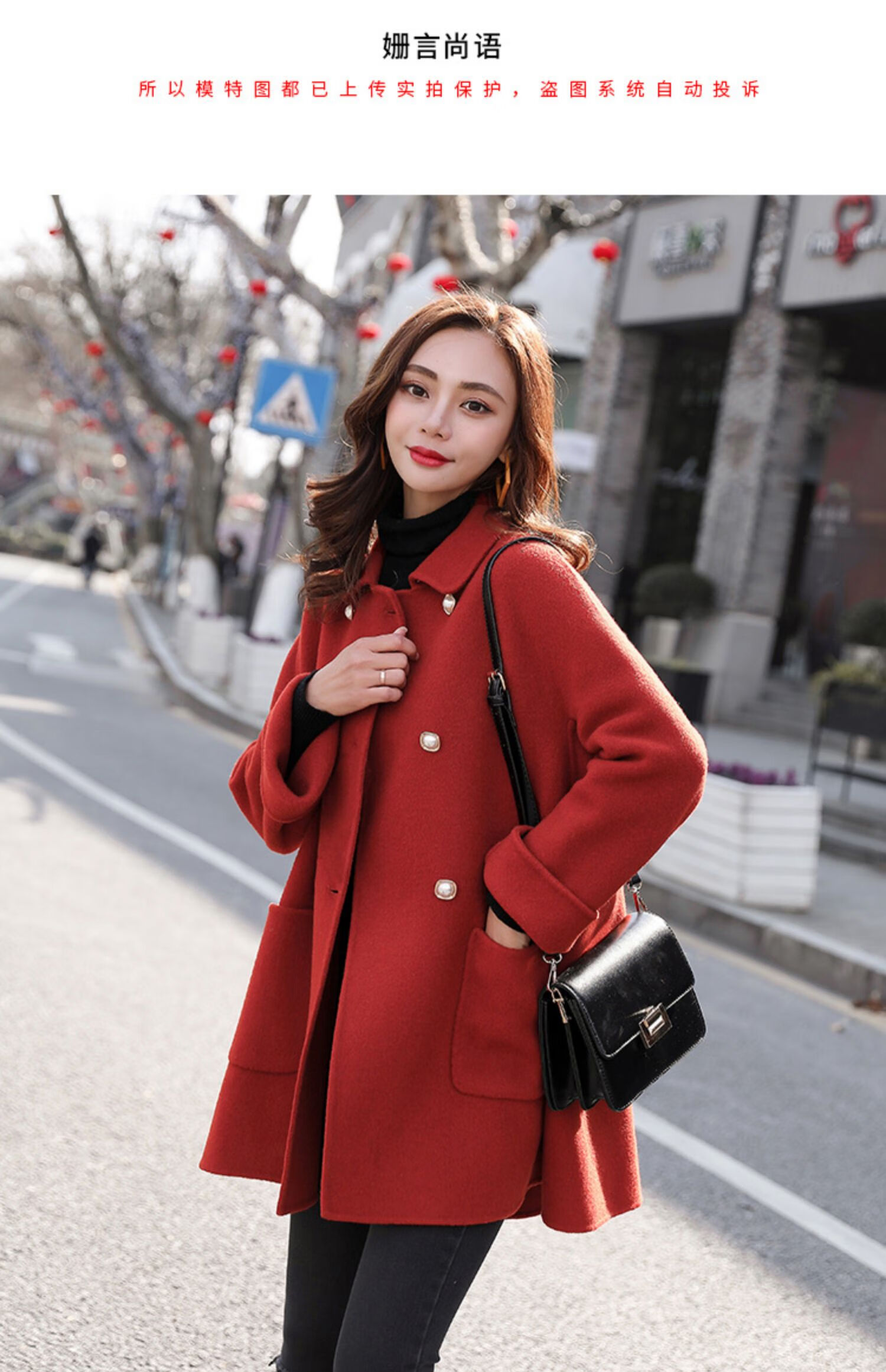 shiroma 港风潮牌2019新款流行双面呢子大衣女短款韩版冬季红色毛呢