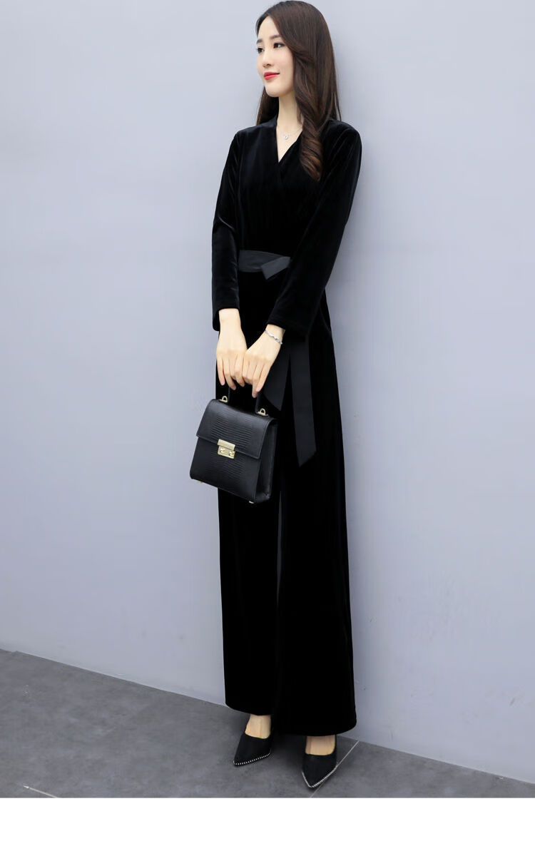 连体裤女秋季年新款气质显瘦丝绒坠感连衣阔腿裤洋气套装sn5327黑色