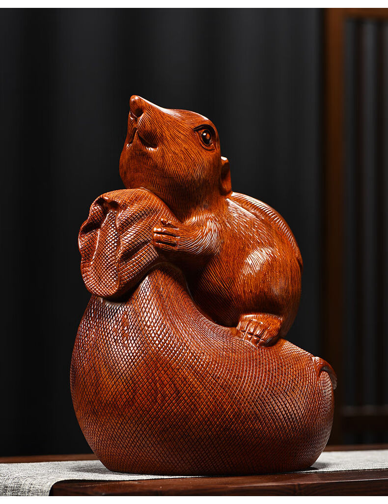 老鼠实木头雕刻动物生肖新居客厅办公司好友生日工艺礼品 〈手工实木