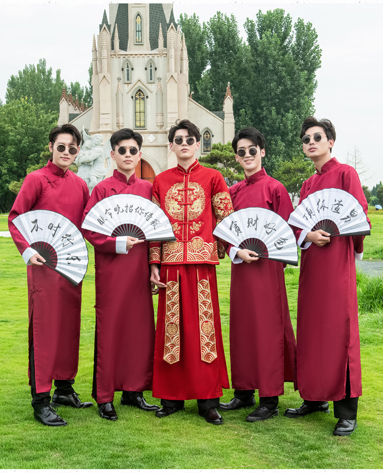 伴郎服套装中式长衫伴郎服中式男中国风兄弟团唐装兄弟装婚礼旗袍秀禾
