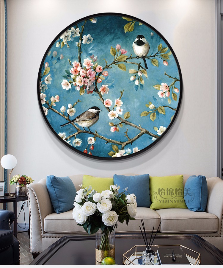 花卉圆形装饰画鸟语花香简约现代挂画欧式客厅沙发背景墙画新中式玄关