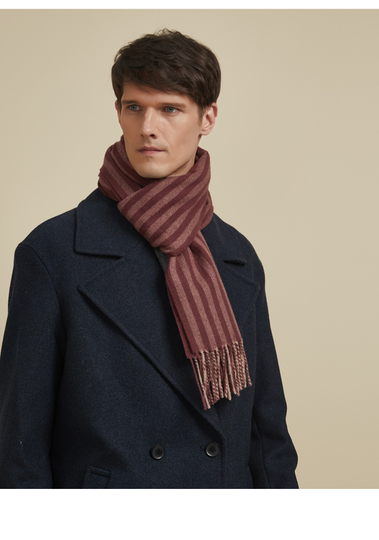 秋冬季围巾男士羊毛加厚保暖欧美百搭休闲条纹围脖精美礼盒装 驼色