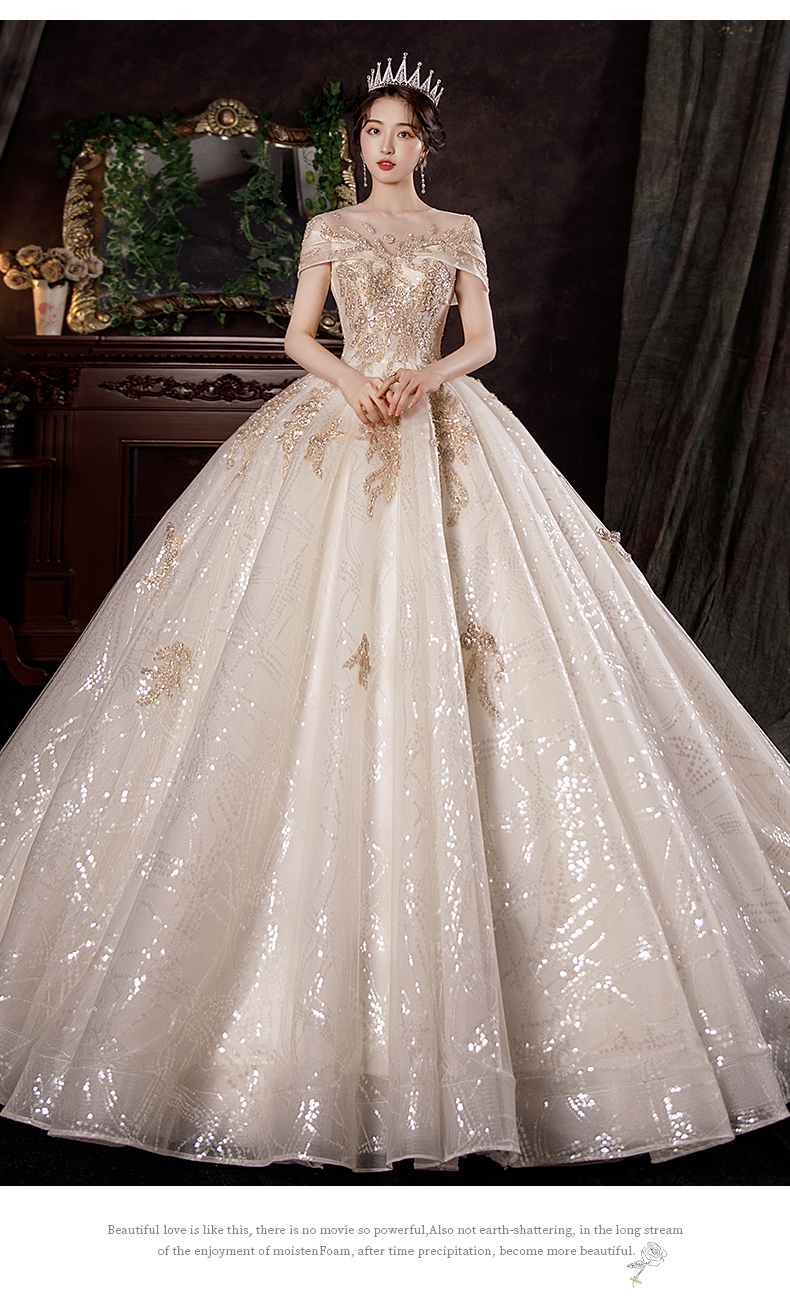 南糖三色一字肩婚纱2021夏季新款法式感复古宫廷风大拖尾主纱仙女范齐