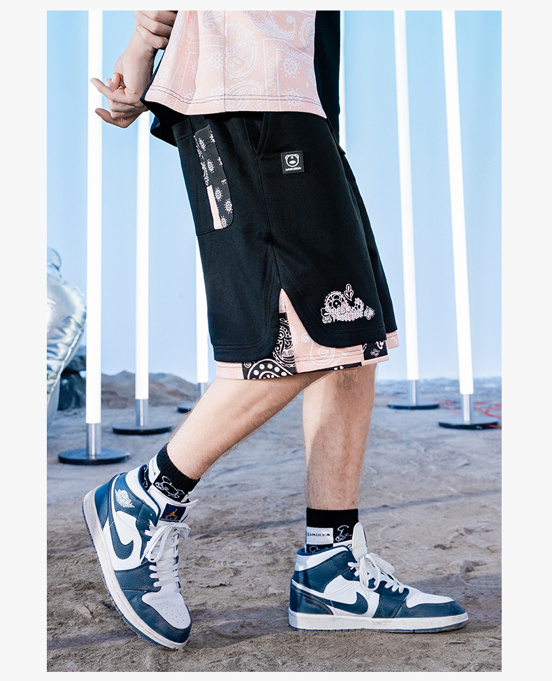 天龙致尊denon supreme短裤男女潮牌腰果花拼接联名款oversize宽松大