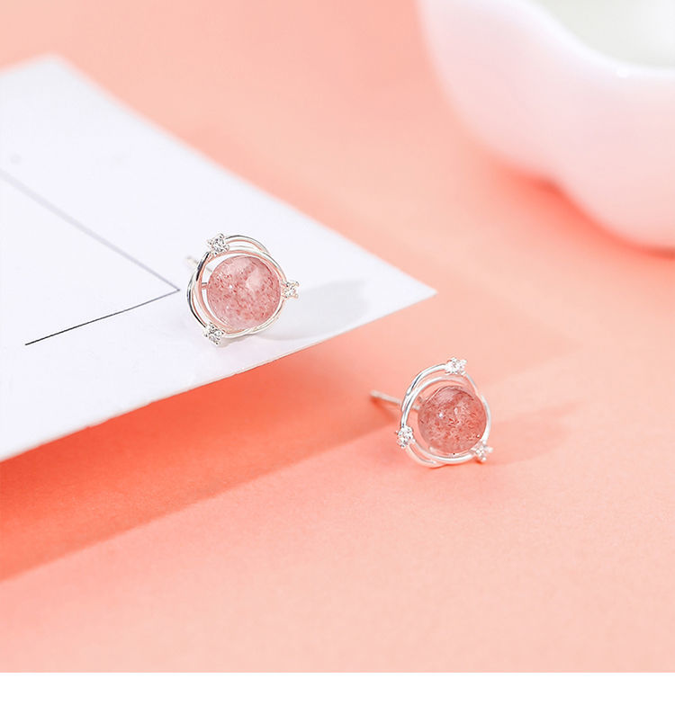 草莓晶耳钉女时尚森系气质少女粉水晶925简约小巧星球耳饰品草莓晶