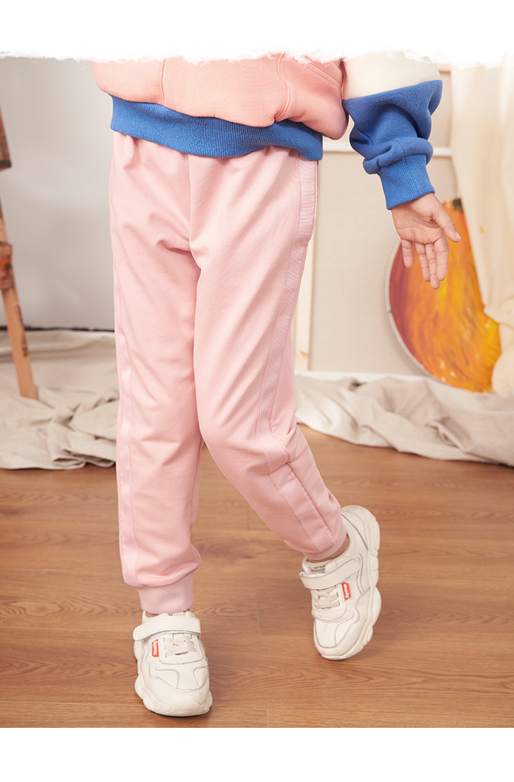 茵曼童装女童裤子秋冬儿童长裤女孩休闲裤织带设计宽松运动裤黑色120