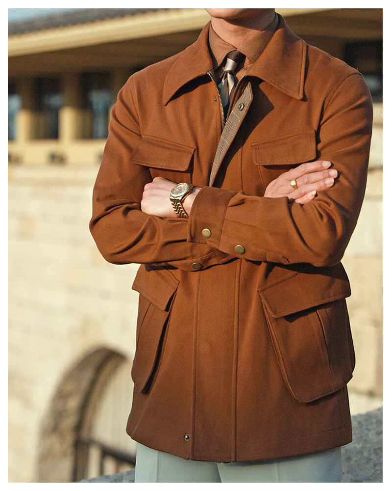 保暖休闲夹克男士百搭商务时尚绅士上衣飞行外套复古游民猎装 棕色 m