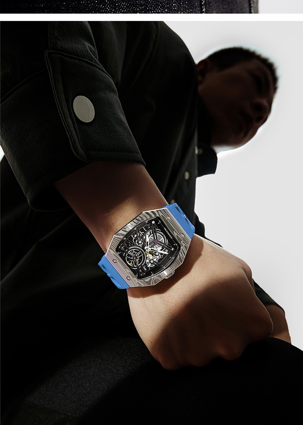 天代手表新款全自动机械表酒桶型镂空多功能腕表高级感透底运动防水