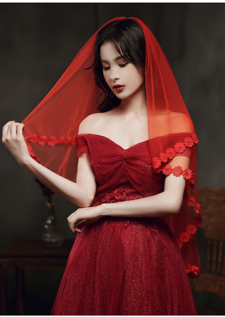 婚纱头纱红色头纱新娘长款秀禾服红盖头结婚短款中式复古风网纱红色a