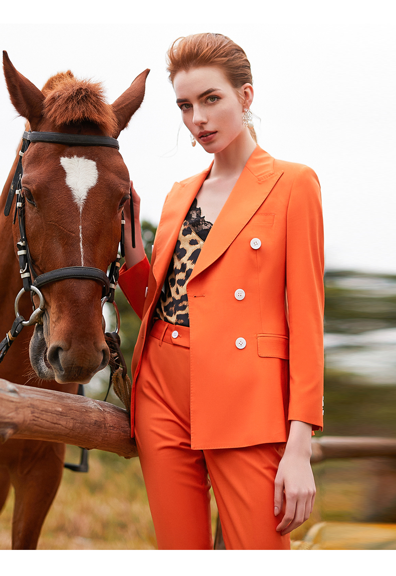 橘色职业套装女时尚双排扣西服收腰显瘦气质主持人宴会正装单件西装s