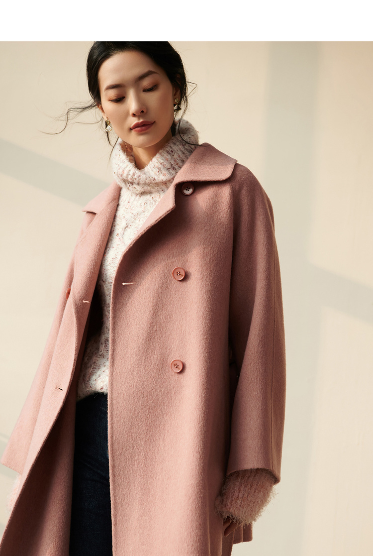 尚都比拉双面毛呢纯色大衣2019冬季新款时尚百搭气质中长外套女 豆沙