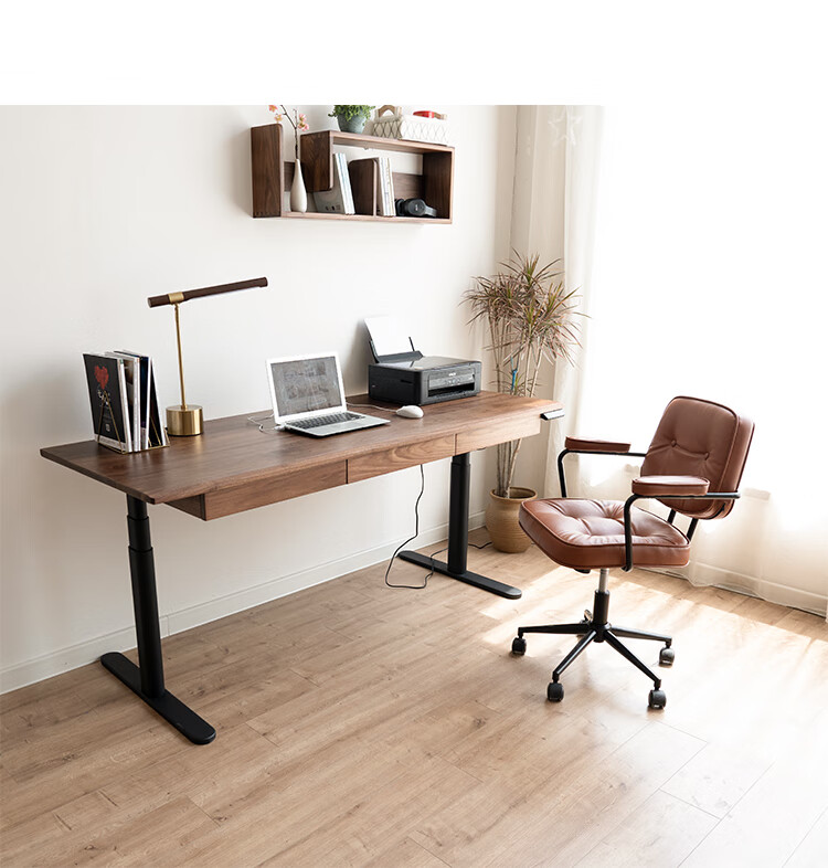 黑胡桃木电动升降桌实木写字桌站立式智能电竞工作台家用电脑桌子