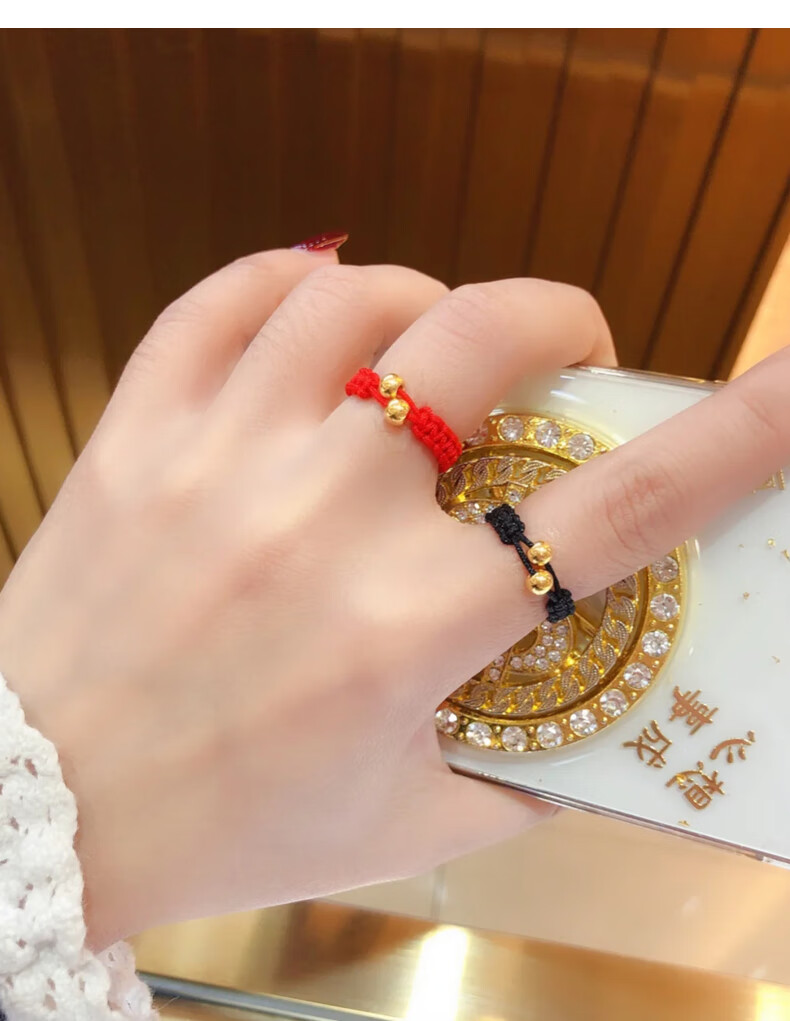 老凤凰老凤凰黄金转运珠戒指女款999足金指环编织黑红绳男金珠子小金