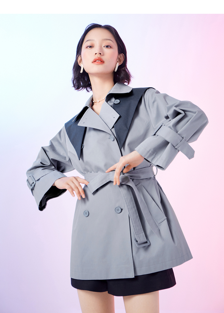 诗凡黎风衣外套女2022新款春季蓝色中长款工装风小个子大衣外套 自然