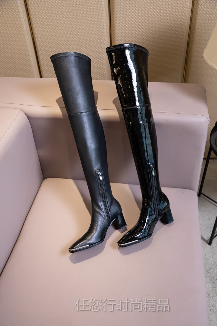 欧美过膝长靴女方头高跟漆皮弹力靴大码41-43不掉筒粗跟包腿显瘦