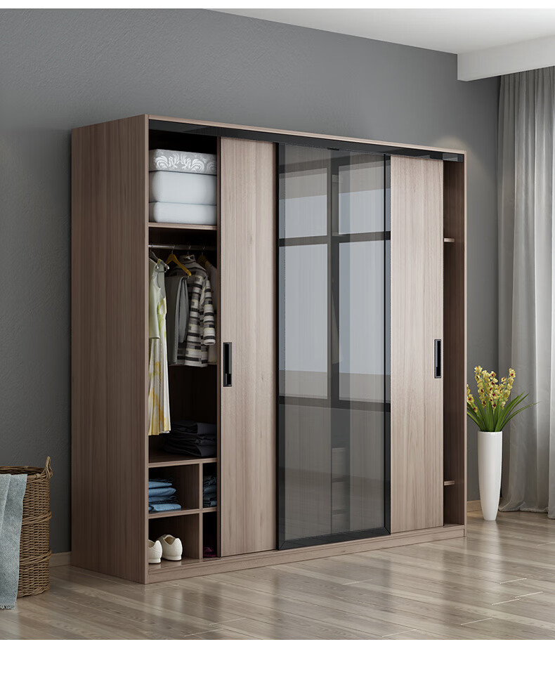 北欧推拉门衣柜卧室简约现代三门移门滑门整体组装玻璃门板式衣橱2.