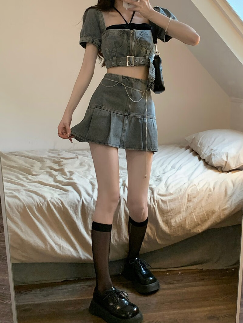 玎琅轩青少年大学生装甜酷辣妹牛仔短裙套装女夏季酷女孩穿搭纯欲甜辣