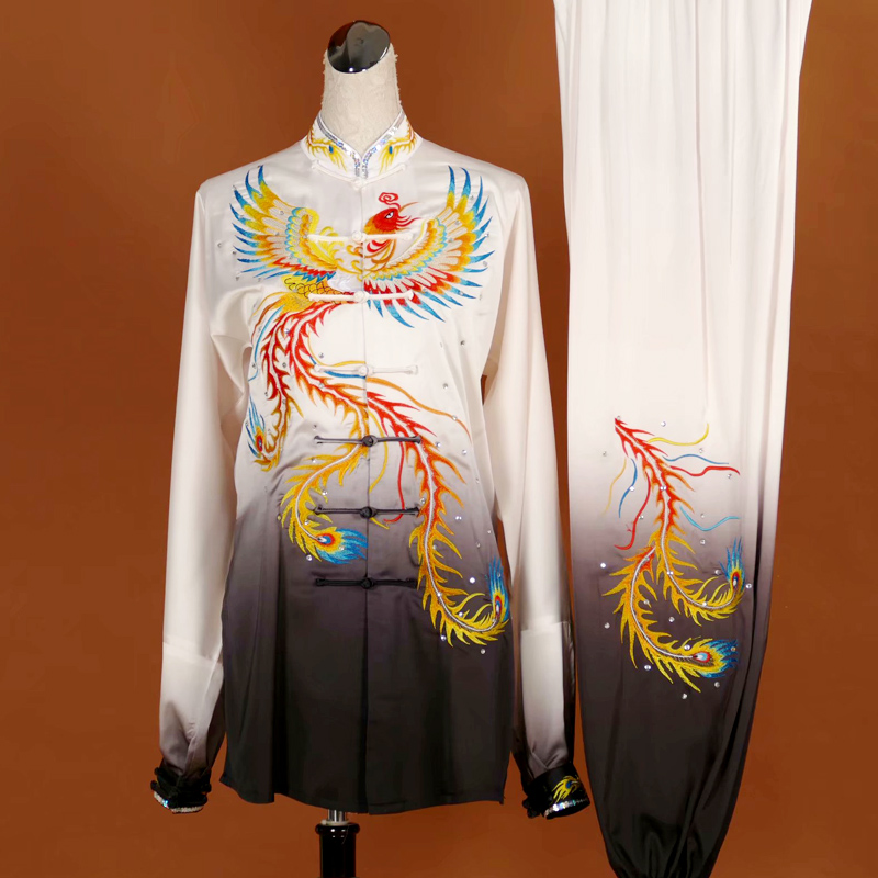 嘉远航太极服女 竞技太极拳表演服 渐变色比赛服 刺绣龙凤男真丝绸