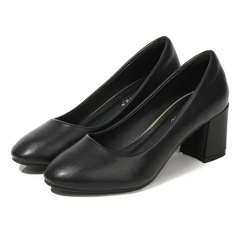 佐丹曼品牌女鞋工作鞋黑色圆头皮鞋粗跟面试职业学生正装软皮礼仪空乘