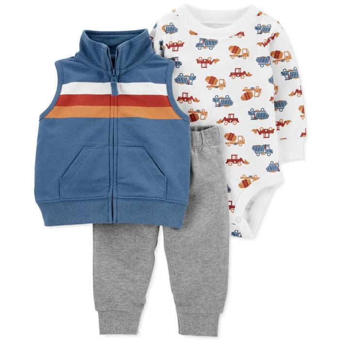 carters童装纯棉套装小童男孩三件套贴身柔软舒适连体衣马甲保暖舒适