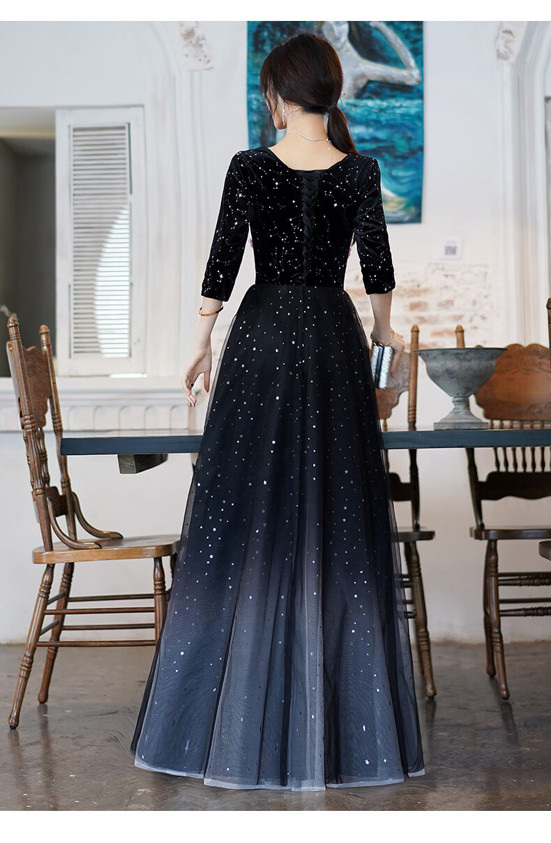 yvaj 艺考礼服音乐生大码丝绒女显瘦200斤宴会星空渐变主持演出 黑色