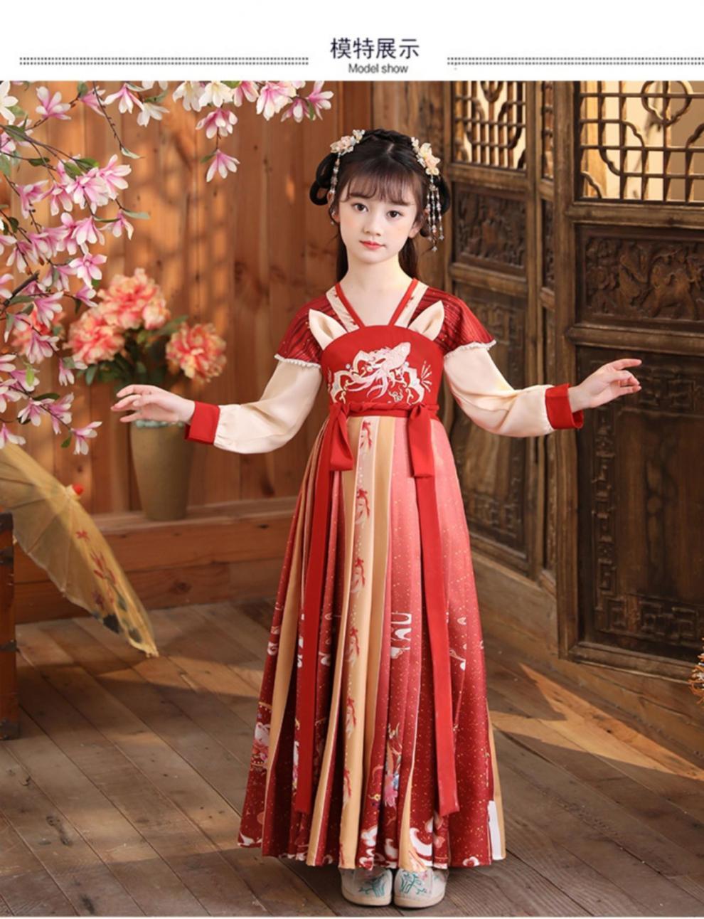 汉服女童古风春秋款中大童10-15岁青少年襦裙中国风古装唐装连衣裙