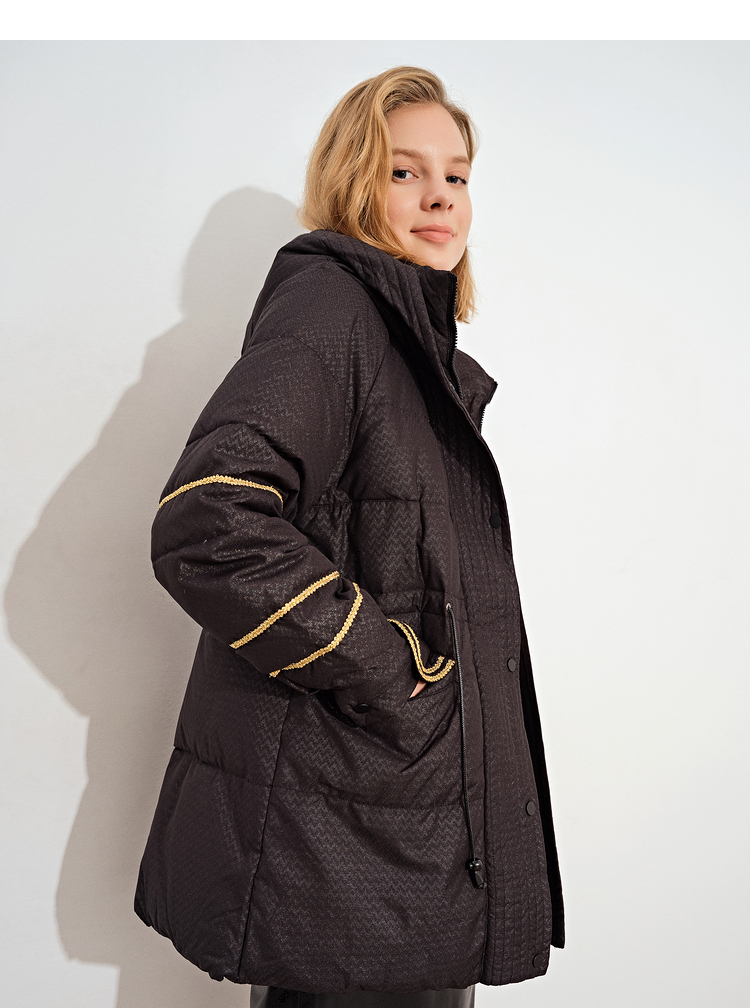 诗篇可颜女装2021冬季新款抽绳收腰显瘦黑色连帽白鸭绒羽绒服黑色42