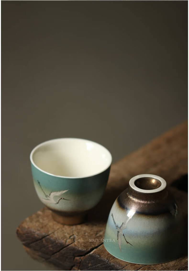 釉上彩手绘品茗杯 慕砚景德镇手绘陶瓷茶杯釉上彩瑞鹤手工主人品茗茶