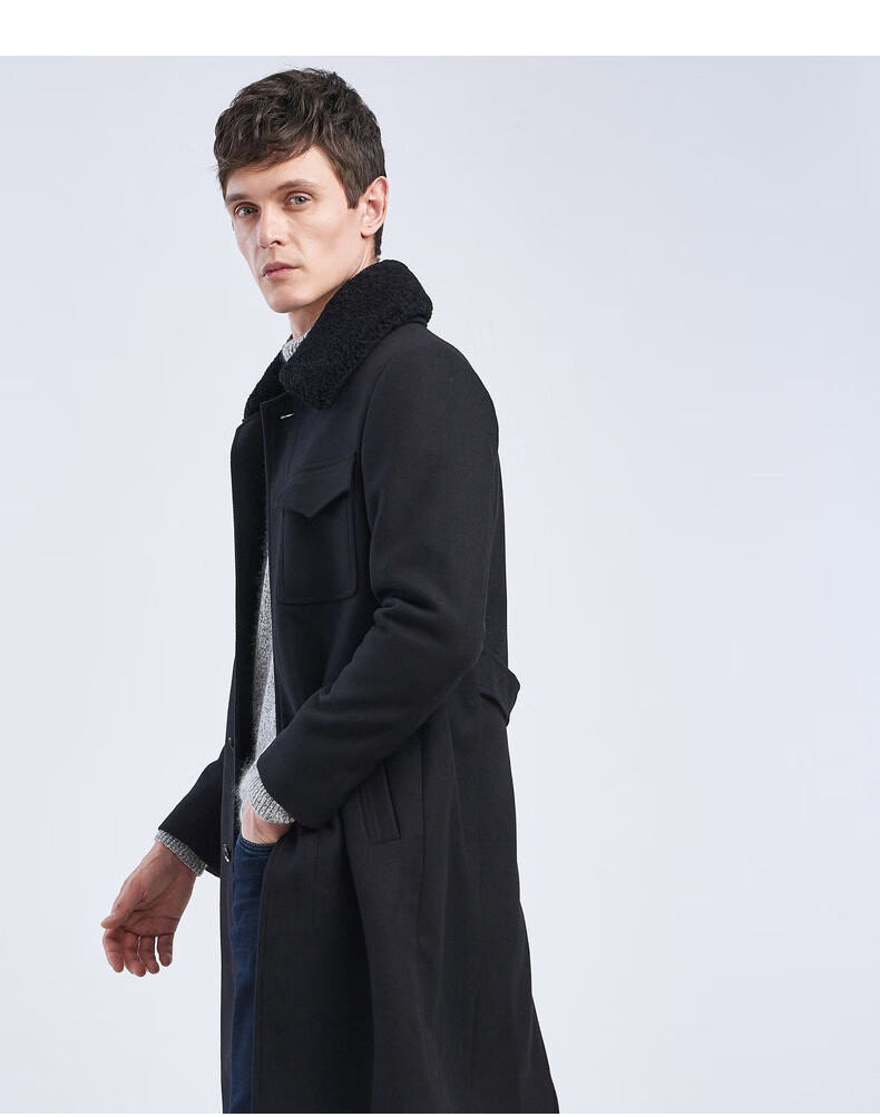 劲霸男装奥莱毛呢大衣男秋冬季带毛领时尚外套保暖冬装ffwv4339深兰